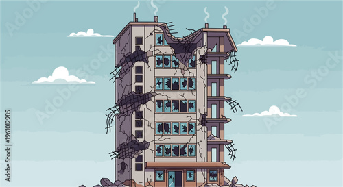 A pixel art illustration of a severely damaged and abandoned multi-story building with broken windows and crumbling facade under a clear sky.