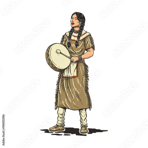 Native Woman Playing Drum in Traditional Cultural Performance