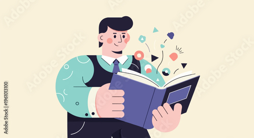 Person reads book, colorful shapes emerge, symbolizing knowledge and ideas