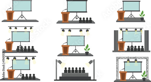 Conference Presentation Stage Setup Icon Set with Podium, Screen, Audience, Lighting, Seminar Hall, and Business Presentation Event Vector Illustration