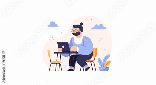 Person sitting at a table with a laptop, surrounded by abstract shapes and elements