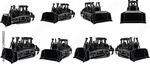 Heavy bulldozer silhouettes set isolated on white background, construction machinery icons, crawler tractor vector illustrations, industrial earthmover equipment for design.