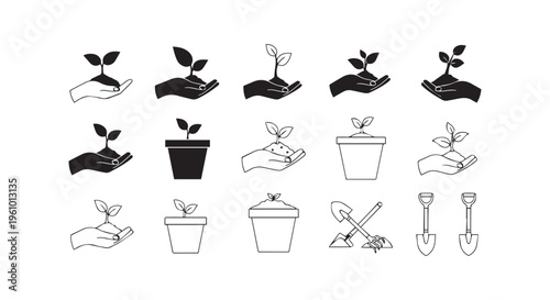 A collection of various planting and gardening icons in black and white