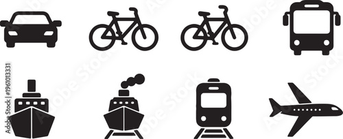 Collection of various transportation and travel icons displayed in black and white