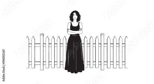 A woman standing alone in front of a white picket fence with a long black dress