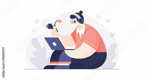 Person with headphones and glasses films on laptop with camera