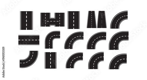 A collection of black road pieces on a white background for toy road tracks