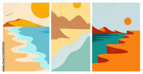 Abstract beach landscape poster set with ocean waves, sand dunes, and sunset in minimalist flat vector style