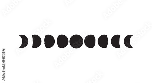 Phases of the moon in a horizontal line illustrating lunar cycle