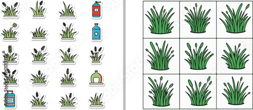Vector collection featuring various grass and cattail icons. Includes maintenance symbols like fertilizer and spray bottles alongside a structured grid of green reeds for landscape design.