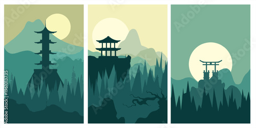 Japanese landscape poster set with pagoda, torii gate, and mountains in minimalist flat vector style with misty forest