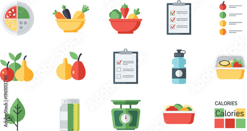 Healthy Food and Nutrition Icon Set with Fruits, Vegetables, Meal Plan, Calorie Chart, Water Bottle, Kitchen Scale, and Diet Elements