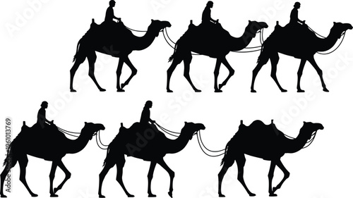 Black silhouette of a camel caravan with riders walking in the desert sand dunes isolated on white background for travel and middle east concept
