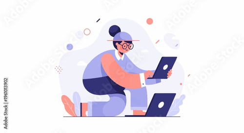 Person working on two laptops with minimalist design elements and flora