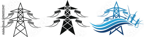 High voltage power line transmission tower icons set, electric pylon vector symbols, industrial energy grid infrastructure, abstract blue wave concept.