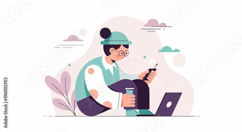 Person with laptop, coffee, and phone, stylized plants, clouds