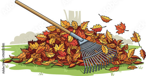 A rake leaning against a large pile of colorful autumn leaves on green grass.