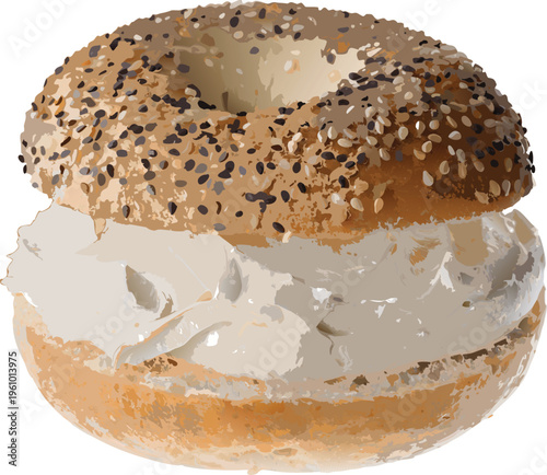 Bagel with Cream Cheese: A close-up illustration of a freshly baked bagel, generously filled with creamy cheese, showcasing a culinary delight.