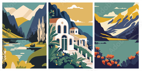 Vintage travel poster collection with minimalist landscapes, mediterranean village, alpine mountains, and serene lake views.