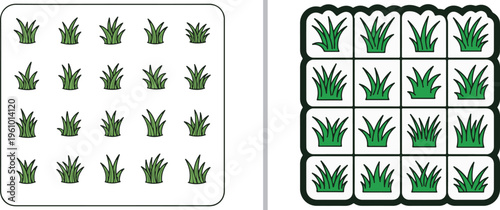 Green grass tuft icons in grid layouts, featuring flat and bold-outlined vector styles. Ideal for landscape architecture plans, mapping symbols, and garden design environmental assets.