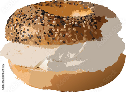A delicious everything bagel is cut open and filled with creamy cheese