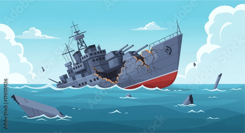 A cartoon illustration of a large grey warship broken in half and sinking in the blue ocean, with debris floating around it.