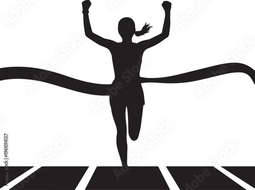 A triumphant athlete crosses the finish line with arms raised in victory