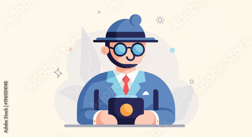 Stylized man in a blue suit, hat, and glasses holds a camera