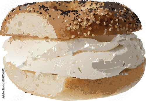 A delicious everything bagel is cut in half revealing a generous layer of cream cheese