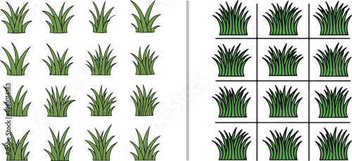 Vector icons of green grass tufts in two styles: simple individual clusters and detailed clumps arranged in a grid. Perfect for landscape design, garden planning, and game mapping.