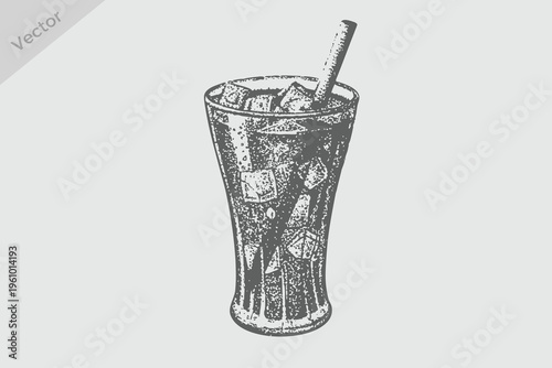 vintage sketch of iced soda and soft drinks vector illustration. Hand drawn soft drink glass.
