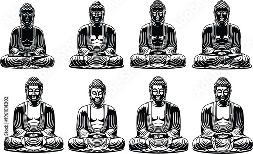 Buddha statue meditation silhouettes set, spiritual zen icons collection, calm mindfulness poses, asian religion art, black and white vector illustration