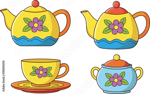 Cute teapot and cup cartoon set, colorful tea kettle and teacup vector illustration isolated for kitchen design