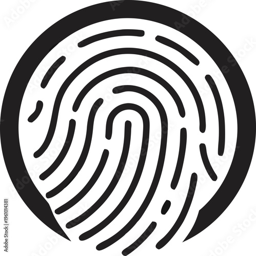 A stark black and white circular graphic depicting a human fingerprint pattern