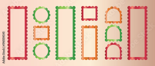 Collection of colorful postage stamps set. zig zag wavy edge shapes frame box. decorative borders for greeting cards, invitations, photo albums, posters, and design.  Vector Illustration.