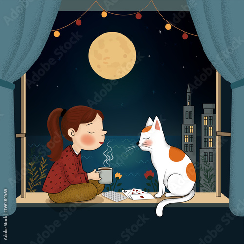 Cute illustration of a girl and her cat sitting on a windowsill at night, drinking tea and enjoying a peaceful moment under a full moon with city view and warm lights. Vector illustration