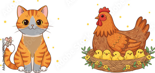 Cute cat with mouse and hen with chicks nest, colorful cartoon vector illustration for children books, farm themes, nursery decor and playful animal designs