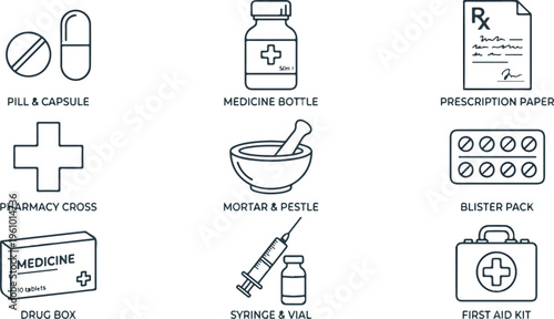 Pharmacy and medication vector icon set with pill bottle, prescription, and medical supplies