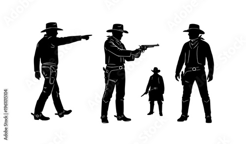 Cowboy silhouettes with western action poses walking and dramatic standoff scene vector set