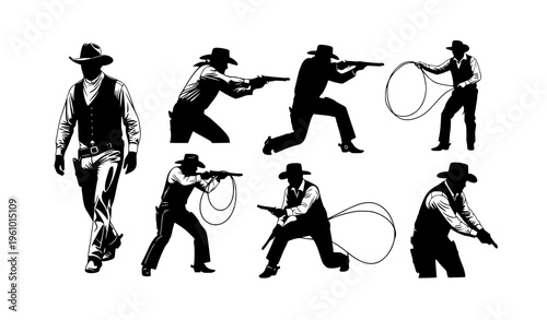 Dynamic cowboy silhouettes in action poses walking aiming and western lifestyle vector illustration set