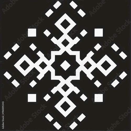 Geometric pattern icon with symmetrical squares diamonds cross design on black background