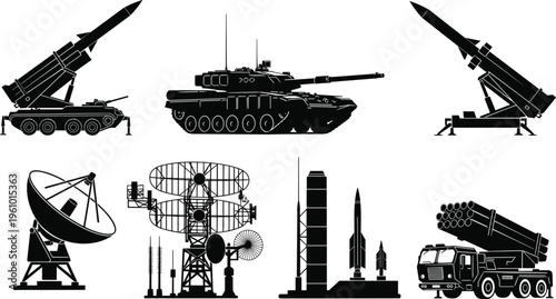 Military defense systems silhouette illustration collection, vehicles and technology artwork, combat design concept, black and white vector template set
