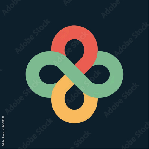 Abstract knot infinity loop icon with red green yellow clover design on dark background