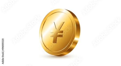 Golden Yen coin illustration on white background, a symbol of Finance and Japanese currency.