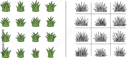 Vector asset featuring stylized grass tufts in two variations: vibrant green icons and detailed black and white line art sketches in a grid. Ideal for garden design, maps, and game environments.
