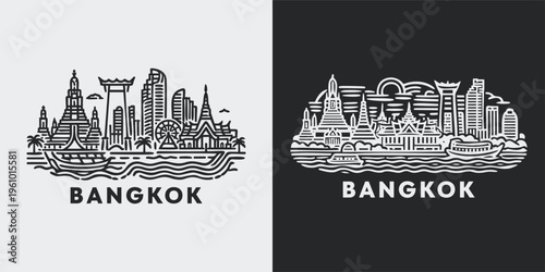 Bangkok Thailand Skyline Cultural Line Drawing Vector