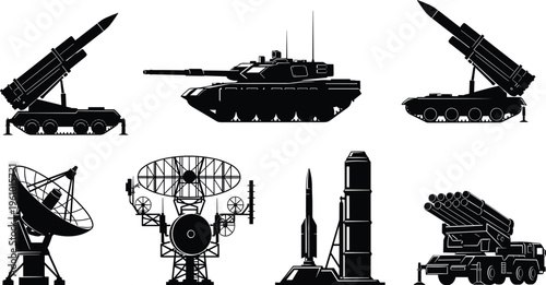 Military equipment silhouette illustration collection, vehicles and defense systems artwork, technology design concept, black and white vector template set