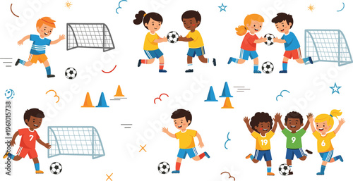 Kids Playing Soccer Cartoon Set Featuring Children Training, Scoring Goals, and Celebrating for Sports Education, Teamwork, and Nursery Design Projects.