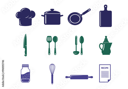 Variety of colorful kitchen tools utensils with chef hat pot pan spatula whisk recipe card for cooking