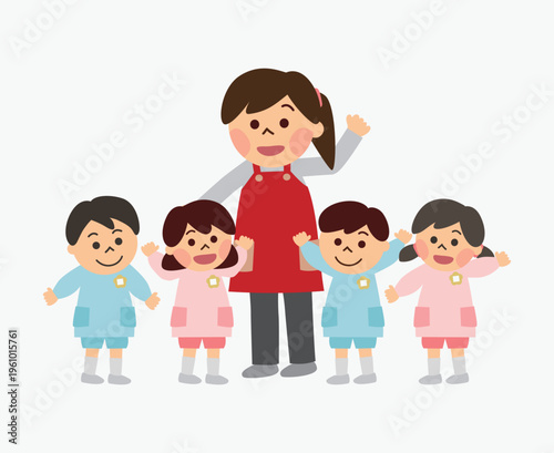 保育士の女性とスモックを着ている園児たち